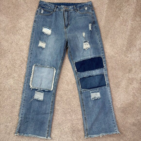 Denim - Patchwork Boho Wide Leg Jeans Womens L Blue Patch Distressed Indie Festival